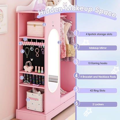 Kids Armoire with Jewelry Cabinet, Kids Dress Up Storage wth Shelves, Girls Wardrode Costume Organizer with Mirror, Children Closet with Armoire for Bedroom, Kids Room, Girls, Kids Room Furniture, Bedroom Storage, Stylish Kids Wardrobe, Playful Design, Ha