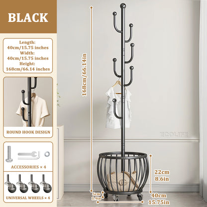 2-in 1 Multipurpose Freestanding Coat Rack with Storage Basket - 6 Hooks and 4 Universal Wheels, Mobile Clothes Hanger, Space-Saving Freestanding Clothes Rack Organizer, for use in Entryway, Living Room, Bedroom, Home, Office, Bathroom for Hats, Coats, Sc