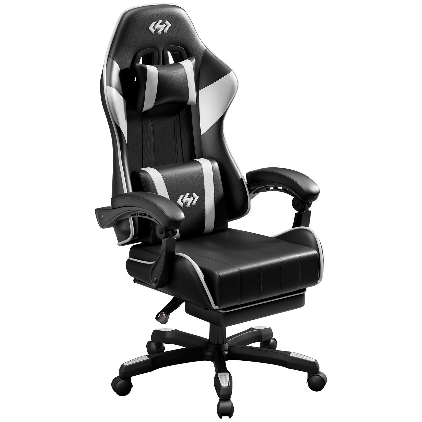 Ergonomic Gaming Chair with Spring Cushion, Retractable Footrest, Headrest & Lumbar Support, PU Leather Swivel Computer Desk Chair for Office & Gaming