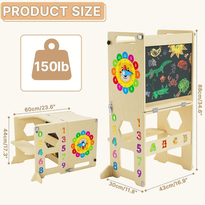 4-in-1 Toddler Learning Tower Foldable Wood Step Stool with Learning Clock & Blackboard, Kids Kitchen Helper Climbing Ladder for Motor Skills Development, Montessori Toddler Furniture, Khaki