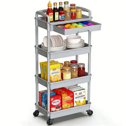 [Wedding Decorations Gift] Multi-Functional 3/4 Tier Rolling Storage Cart With Drawers - Durable Plastic Organizer With Lockable Wheels, Cup Holder & Hooks-Space-Saving Solution For Kitchen, Bathroom, Living Room - Ideal For Kitchen Accessories, Wedding D