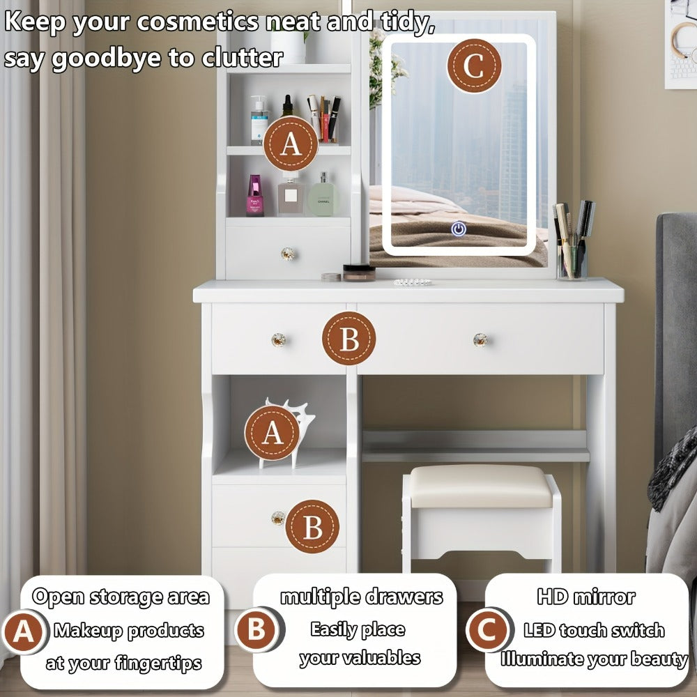 Makeup Vanity Desk with Lighted Mirror and 5 Drawers, Vanity Table Set with Stool, Open Shelves, 3 Adjustable Brightness Settings, White Bedroom Vanity