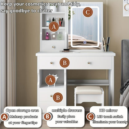 Makeup Vanity Desk with Lighted Mirror and 5 Drawers, Vanity Table Set with Stool, Open Shelves, 3 Adjustable Brightness Settings, White Bedroom Vanity