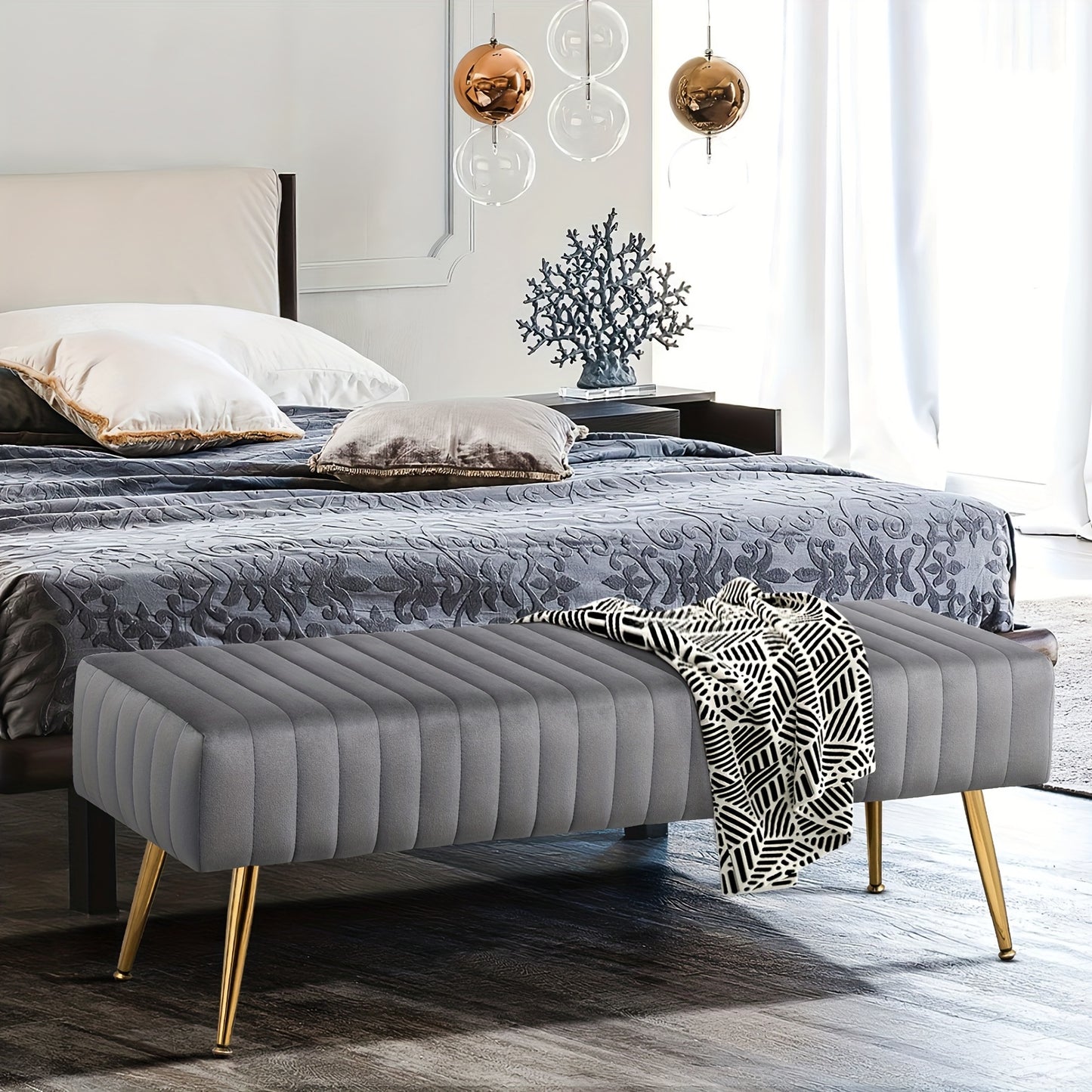 Luxury Shoe Changing Bench with Gold-Plated Legs & Velvet - 44-Inch Bedside Entryway Furniture, Sturdy Frame, Footrest, Step Stool for Bedroom End or Door - Elegant Storage Bench for Decor