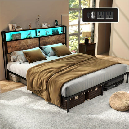 LED Bed Frame with USB Charging & 2-Tier Storage Headboard | Metal Platform, 12-Color Lights, Under-Bed Storage, 800 lbs, No Box Spring – Full Queen King