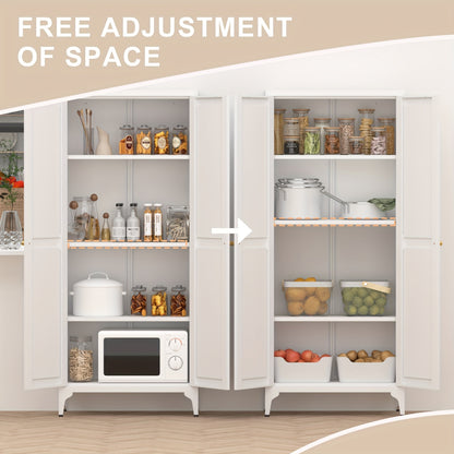 Metal Storage Cabinet, Metal Kitchen Pantry Cabinet, Food Pantry Storage Cabinets With Doors And Shelves, Large Steel Storage Cabient For Dinning Room, Laundry Room, White/Black