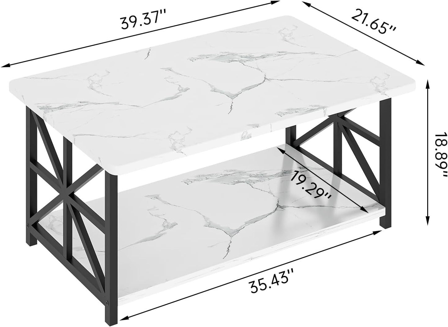 LTTROMAT Modern Coffee Table for Living Room, Faux Marble 2-Tier Coffee Table with MDF Broad & Metal Frame, Farmhouse Style Rectangular Center Table for Small Space, Space Saving Tea Table for Bedroom, Kitchen, Office