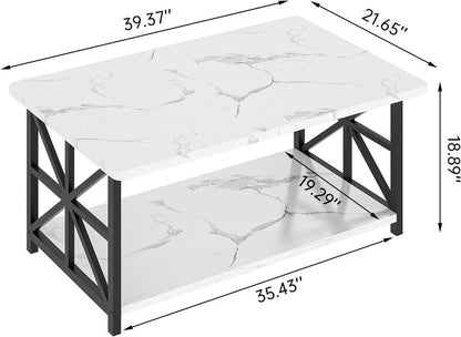 LTTROMAT Modern Coffee Table for Living Room, Faux Marble 2-Tier Coffee Table with MDF Broad & Metal Frame, Farmhouse Style Rectangular Center Table for Small Space, Space Saving Tea Table for Bedroom, Kitchen, Office