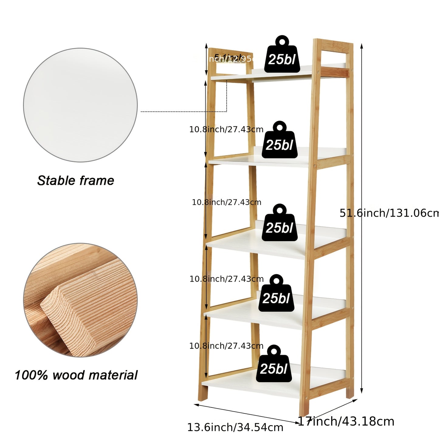 5 Tier Bookshelf, Modern Open Bookcase, Ladder Bookshelf Open Storage Rack Wood Ladder Shelf, Bookcase Shelf Storage Organizer, Industrial Book Shelves for Home