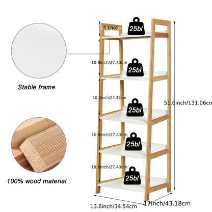 5 Tier Bookshelf, Modern Open Bookcase, Ladder Bookshelf Open Storage Rack Wood Ladder Shelf, Bookcase Shelf Storage Organizer, Industrial Book Shelves for Home