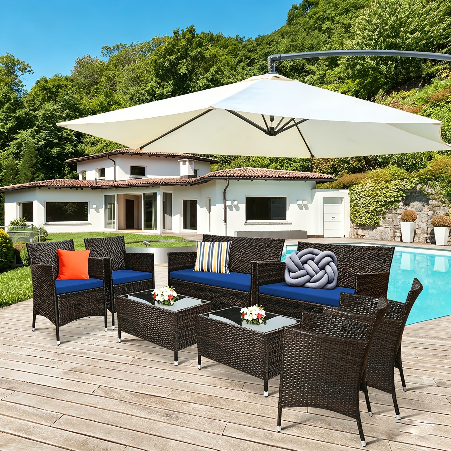 [Patio Furniture Set] 4pcs/8pcs Patio Furniture Set W/Washable Cushions And Tempered Glass Coffee Table