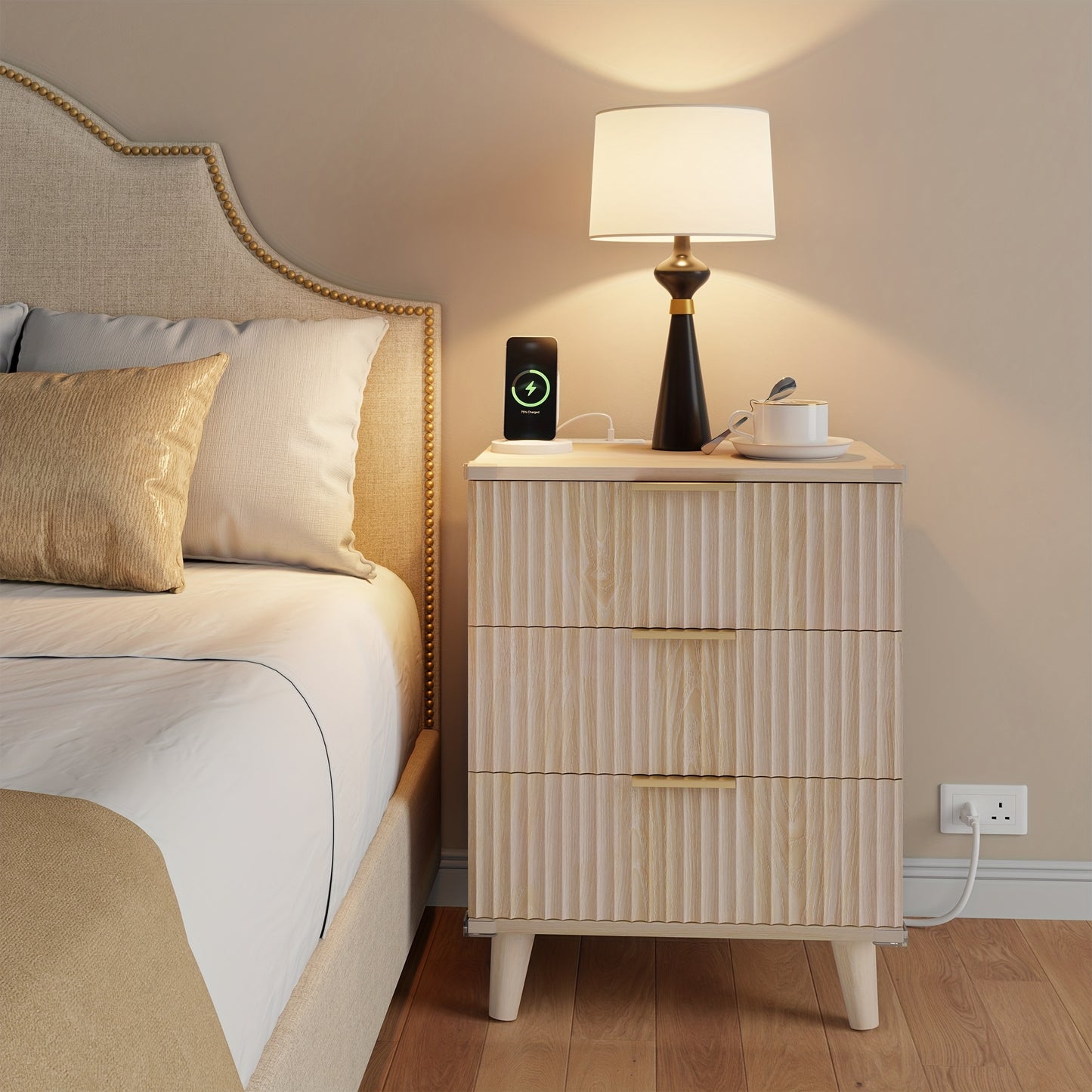 [Nightstand with Charging] Set of 1 Or 2 Nightstand with Charging Station, Side Table with 3 Drawers, Bedside End Table with 2 USB Ports And 2 AC Outlets, Night Stand for Bedroom, Small Dresser for Small Spaces