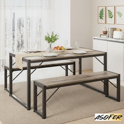 Dining Table Set for 4 with 2 Benches, 45.5" Space-Saving Dinette with Metal Frame & MDF Board for Kitchen & Dining Room, Retro Modern Style - Black/Gray