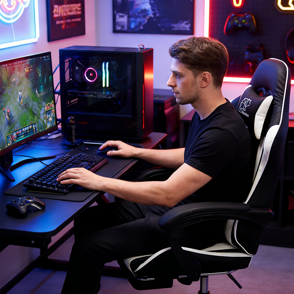 Gaming Chair, Ergonomic High Back Reclining PU Leather Computer Chair, for Adults Teens Office Gaming Use, with Headrest Lumbar Support Fixed Armrest Adjustable Swivel Rolling Footrest Racing Style Multicolor (w/ Footrest/ W/o Footrest)