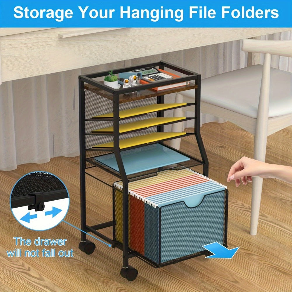 Rolling File Cart with Drawer for Hanging File Folders – Under Desk Office Cart with Paper Trays, Wood & Mesh 3-in-1 File Organizer, 14.8"L x 11.8"D x 27.7"H