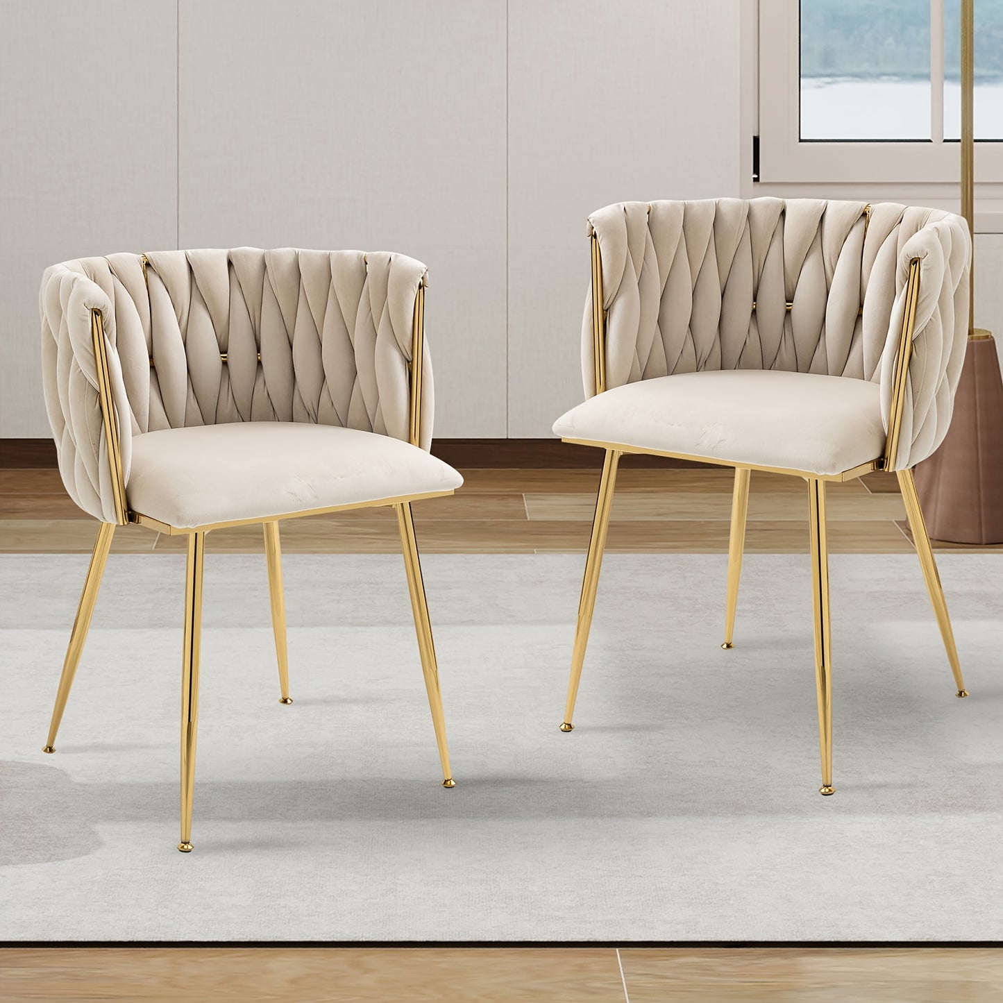 Velvet Dining Chairs Set of 2, Accent Chairs With Golden Metal Legs, Woven Upholstered, For Living Room/Bedroom/Kitchen