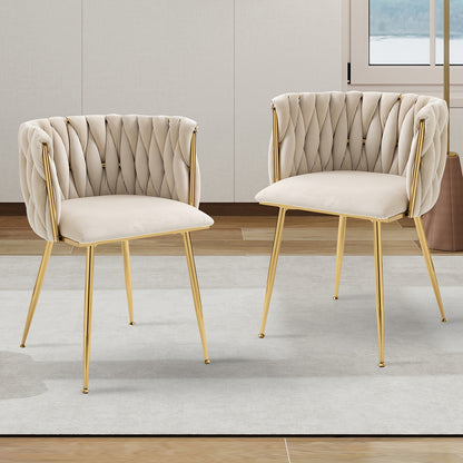 Velvet Dining Chairs Set of 2, Accent Chairs With Golden Metal Legs, Woven Upholstered, For Living Room/Bedroom/Kitchen