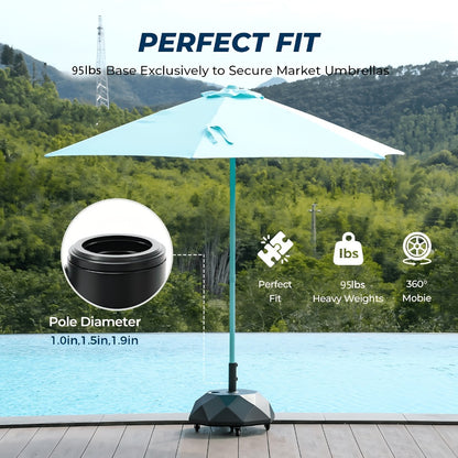 Heavy Duty Patio Umbrella Stand Base with Wheels – Refillable HDPE 95–225 LB, 4 Wheels, 2 Locks, Fits 6–12ft Umbrellas, Rolling Market Umbrella Weight Base for Lawn, Garden, Deck & Poolside