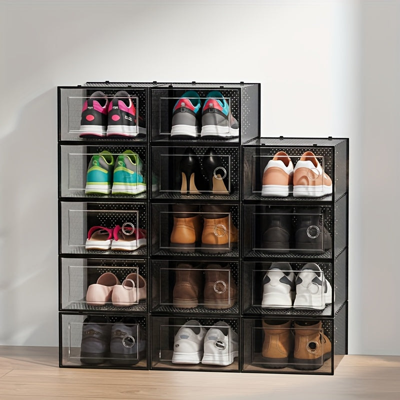 6/12/24 Pack Large Shoe Storage Organizer for Closet, Modular Space Saving Shoe Boxes Clear Plastic Stackable Containers Display Case Bins with Lids, Shoe Rack for Sneaker Storage, White And Black Soceer Shoes