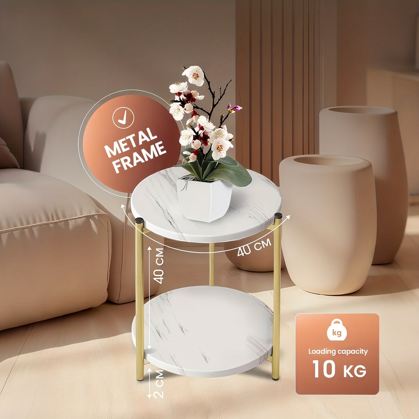White Marble-Patterned Round Coffee Table, Double-Layer Storage Design, Artistic Modern Roostertail Table in White and Golden, Perfect for Living Room, Bedroom, Daily Use, Decoration, Or as A Gift