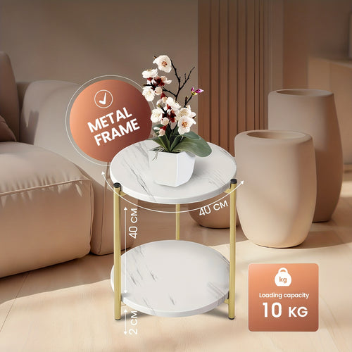 White Marble-Patterned Round Coffee Table, Double-Layer Storage Design, Artistic Modern Roostertail Table in White and Golden, Perfect for Living Room, Bedroom, Daily Use, Decoration, Or as A Gift
