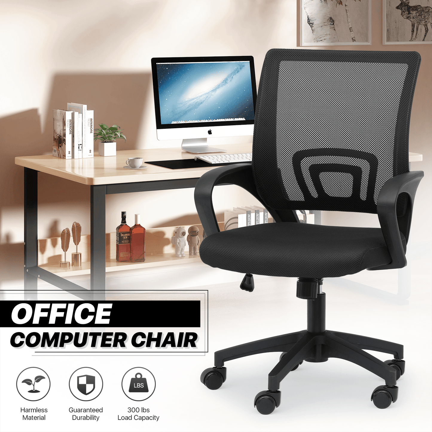 Mesh Office Home Chair, Mid Back Ergonomic Rolling Swivel Chair with Padded Seat and Armrest