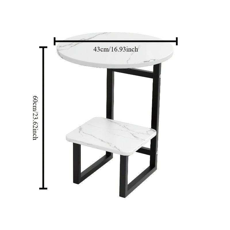 Modern Luxury Wrought Iron and Wood Hybrid Side Table with White Marble-patterned Top - Space-saving Sofa/bedside Coffee Table with Storage Shelf, Black Metal Frame and MDF Base, Compact Portable Design, Easy Assembly Suitable for Small Spaces