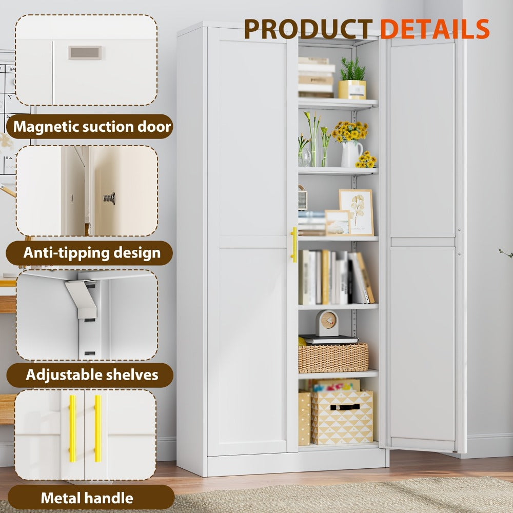 Metal Storage Pantry Cabinet 75" with Two Doors | Tall Freestanding Kitchen Storage Cabinet for Pantry, Garage, Laundry Room & Office | Adjustable Shelves | White, Black or Green
