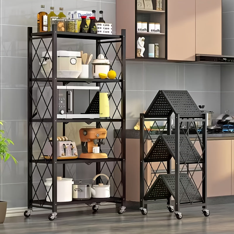 3/4/5-Tier Heavy-Duty Foldable Storage Shelf with Wheeled Shelves for Living Room, Kitchen, Garage, Office, Industrial - Space-Saving Baking Storage Rack Storage And Organization, No Assembly Required Folding Storage Shelf