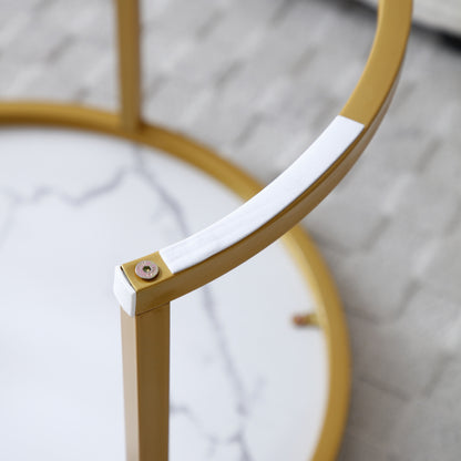 Space Saving Nesting Coffee Table Set Of 2, Modern Faux Marble Round Tables with Golden Frame, Small Apartment Living Room Furniture