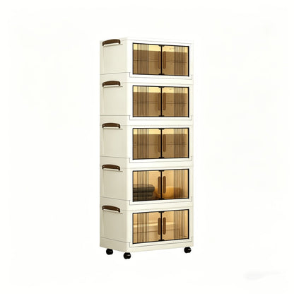 29-Gallon Foldable Plastic Storage Cabinet with Wheels – 3 4 5 Layer Transparent Stackable Drawers Organizer for Bedroom Living Room Closet, White