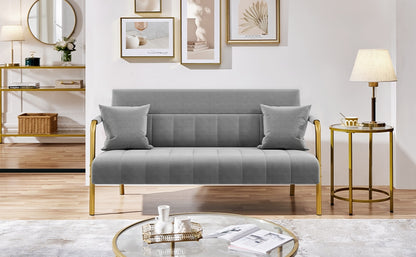 Costoffs Velvet Fabric Sofa Couch, 56.5″ W Modern Loveseat Couch with Gold-tone Metal Arms, Legs & 2 Pillows, Sofa for Living Room, Bedroom Furniture