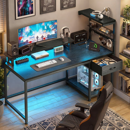 L-Shaped Computer Desk with Power Outlets and Storage Shelves, Corner Gaming Desk for Home Office Bedroom Dorm, Wood Metal Writing Study Desk with Monitor Stand in 3 Colors 4 Sizes