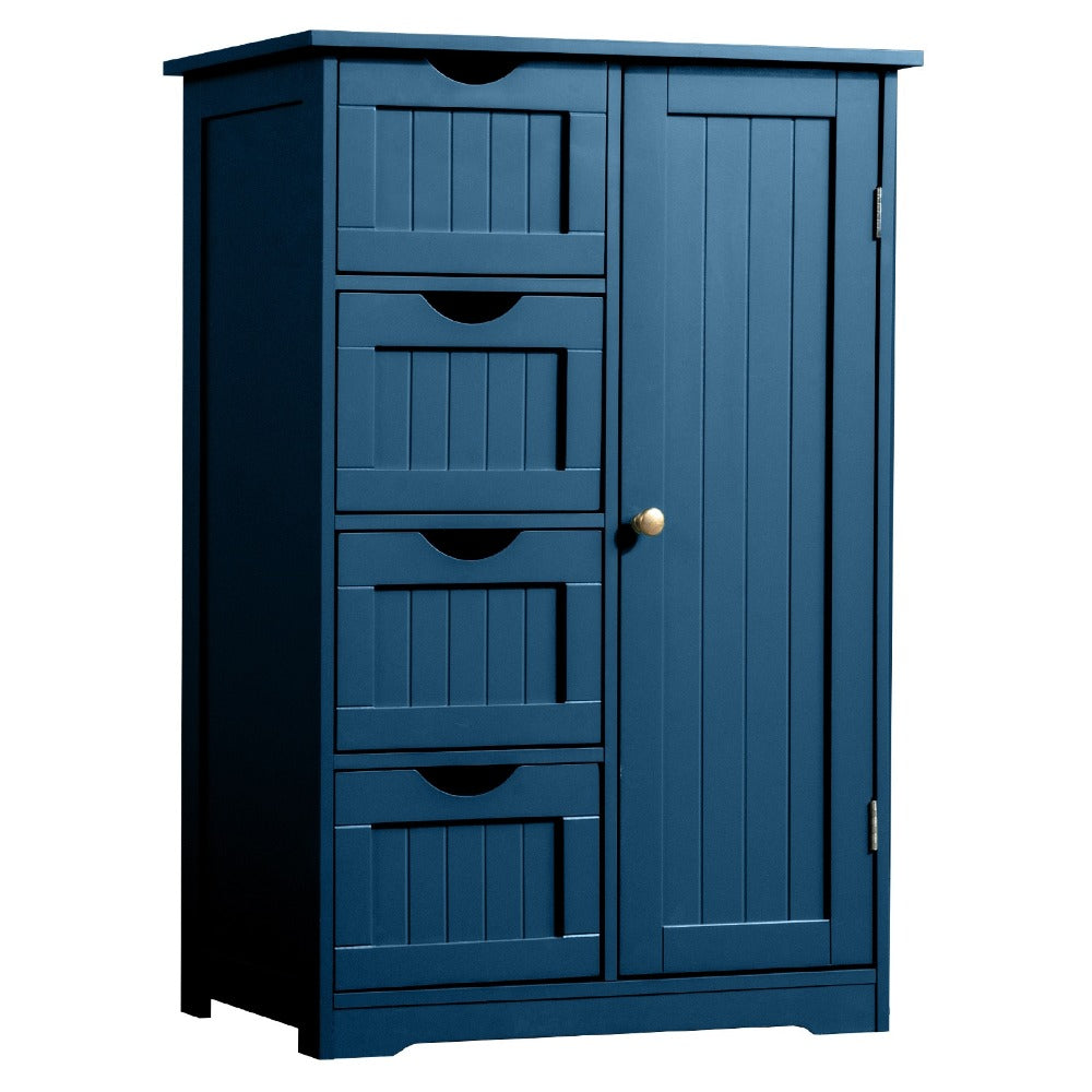 Bathroom Floor Cabinet with 4 Drawers & Cupboard, Side Storage Organizer with 2 Open Shelves, Freestanding Bathroom Vanity Cabinet for Small Spaces, White