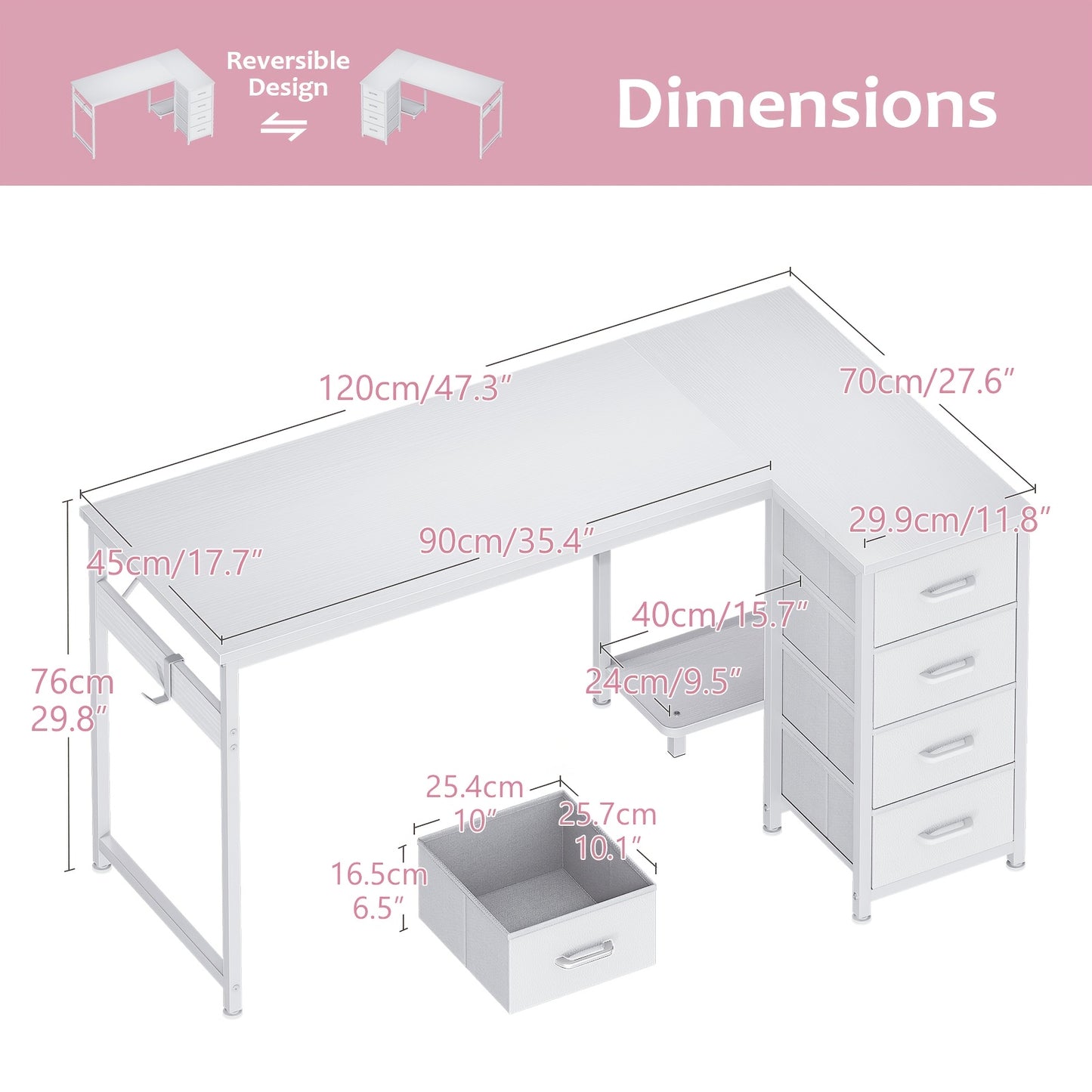Reversible L Shaped Vanity Desk with 4 Drawers, Small White Computer Desk & Vanity Table with Storage, Study Desk with Hook, Corner Desk for Home Office