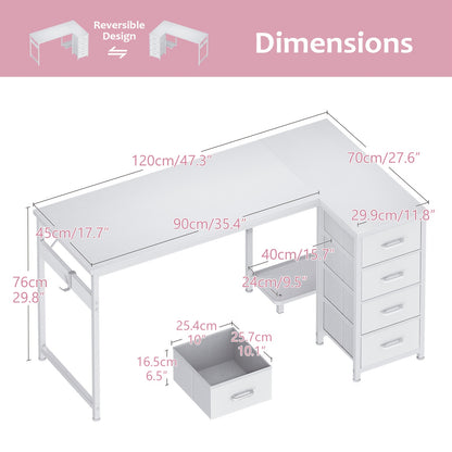 Reversible L Shaped Vanity Desk with 4 Drawers, Small White Computer Desk & Vanity Table with Storage, Study Desk with Hook, Corner Desk for Home Office
