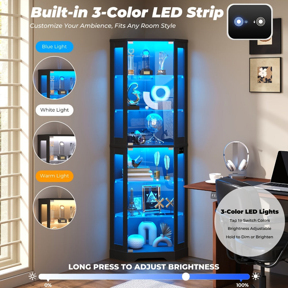 Corner Display Cabinet 6 Tier with 3-Color LED Light & Motion Sensor, Glass Storage Cabinet for Figurines Books Vinyl Records, Living Room Bedroom Game Room Organizer Black