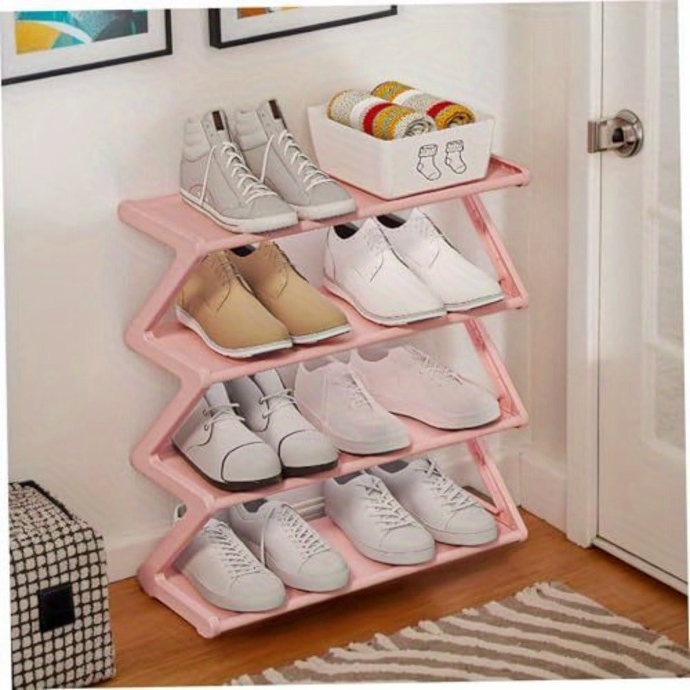 Foldable Z-Design Shoe Rack Large Capacity Non-Woven Entryway Shoe Organizer – Space-Saving Portable Shoe Storage for Foyer, Hallway & Door, Black & Pink