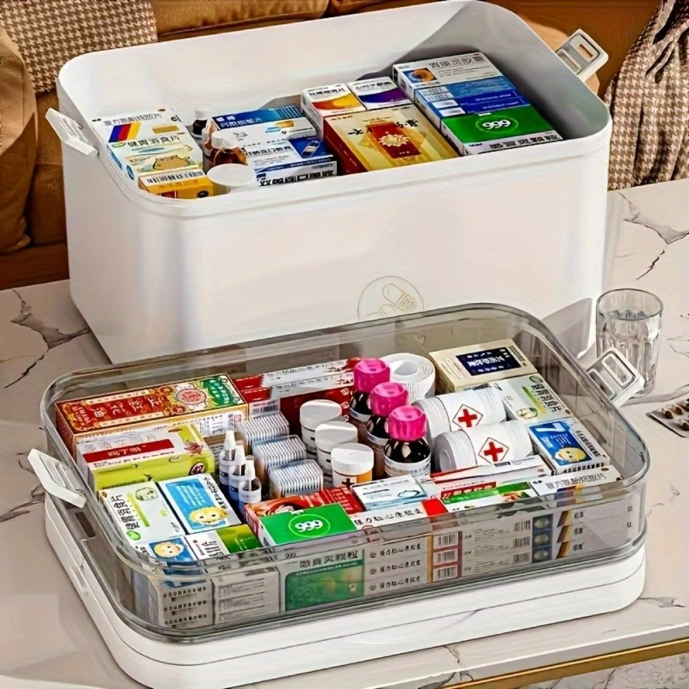 Medicine Storage Box Multi-Layer Large Capacity with Portable Pill Box, Adjustable Dividers, Moisture-Proof Cover & Safety Handle, Home Bathroom Travel Pill Organizer for Vitamins and Supplements (White)
