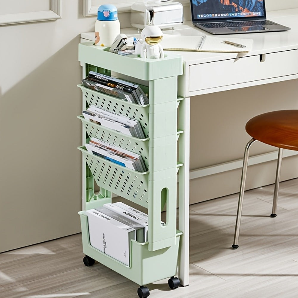 Mobile Rolling Bookshelf Storage Unit – Multi-Tier Beside-Desk Organizer for Students, Home & Classroom, White Green Pink Yellow