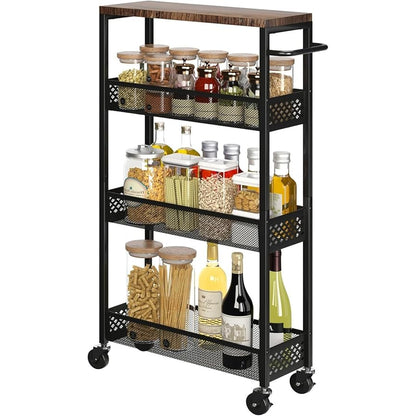 4 Tier Narrow Storage Cart, Metal Rolling Cart with Wheels and Wooden Top for Kitchen, Dining Room, Living Room, Home Office, Black, Assembly Required