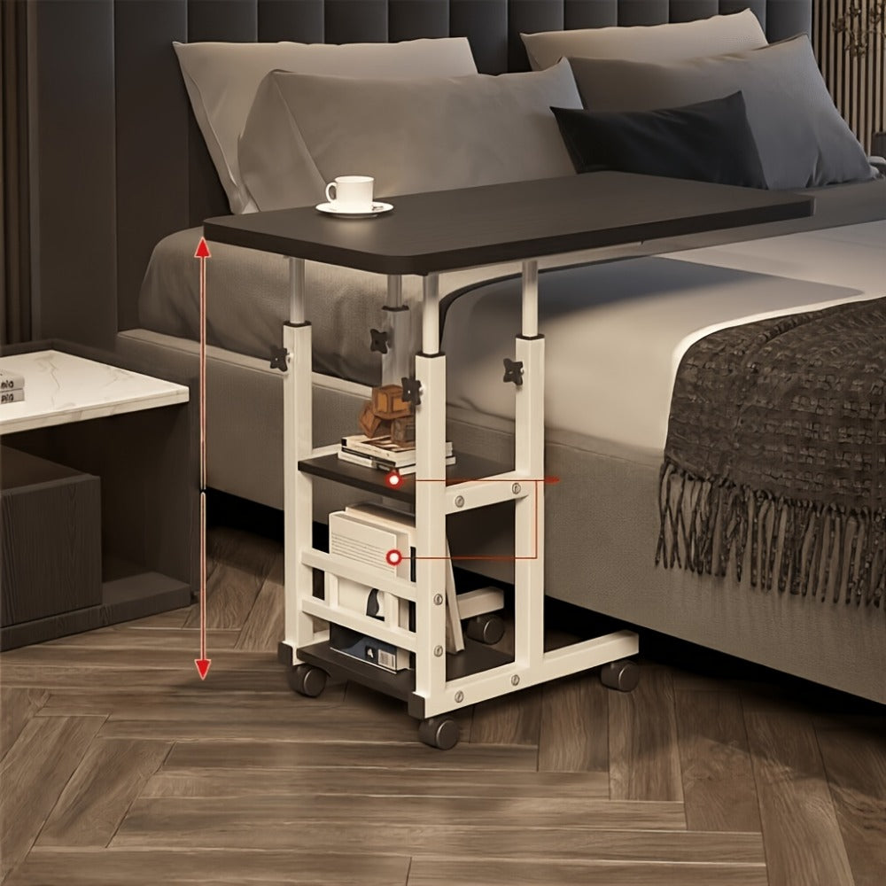 Over-Bed Table with 2-Tier Storage Rack Rolling Mobile Bedside Table for Sofa Bed Laptop Snacks Metal Frame Smooth Wheels Space-Saving Nightstand