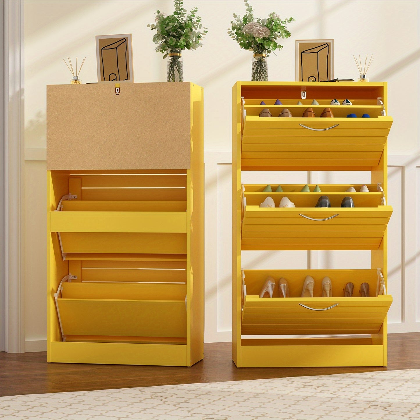 Modern 3-Tier Shoe Storage Cabinet with 3 Flip-Down Drawers & Ventilated Louver Doors - Hardwood MDF Entryway Organizer, Space-Saving Design for Hallway, Living Room, Bedroom - Easy Assembly, Large Capacity Shoe Rack, Shoe Storage Box, Hallway Organizer,