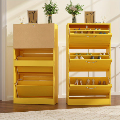 Modern 3-Tier Shoe Storage Cabinet with 3 Flip-Down Drawers & Ventilated Louver Doors - Hardwood MDF Entryway Organizer, Space-Saving Design for Hallway, Living Room, Bedroom - Easy Assembly, Large Capacity Shoe Rack, Shoe Storage Box, Hallway Organizer,