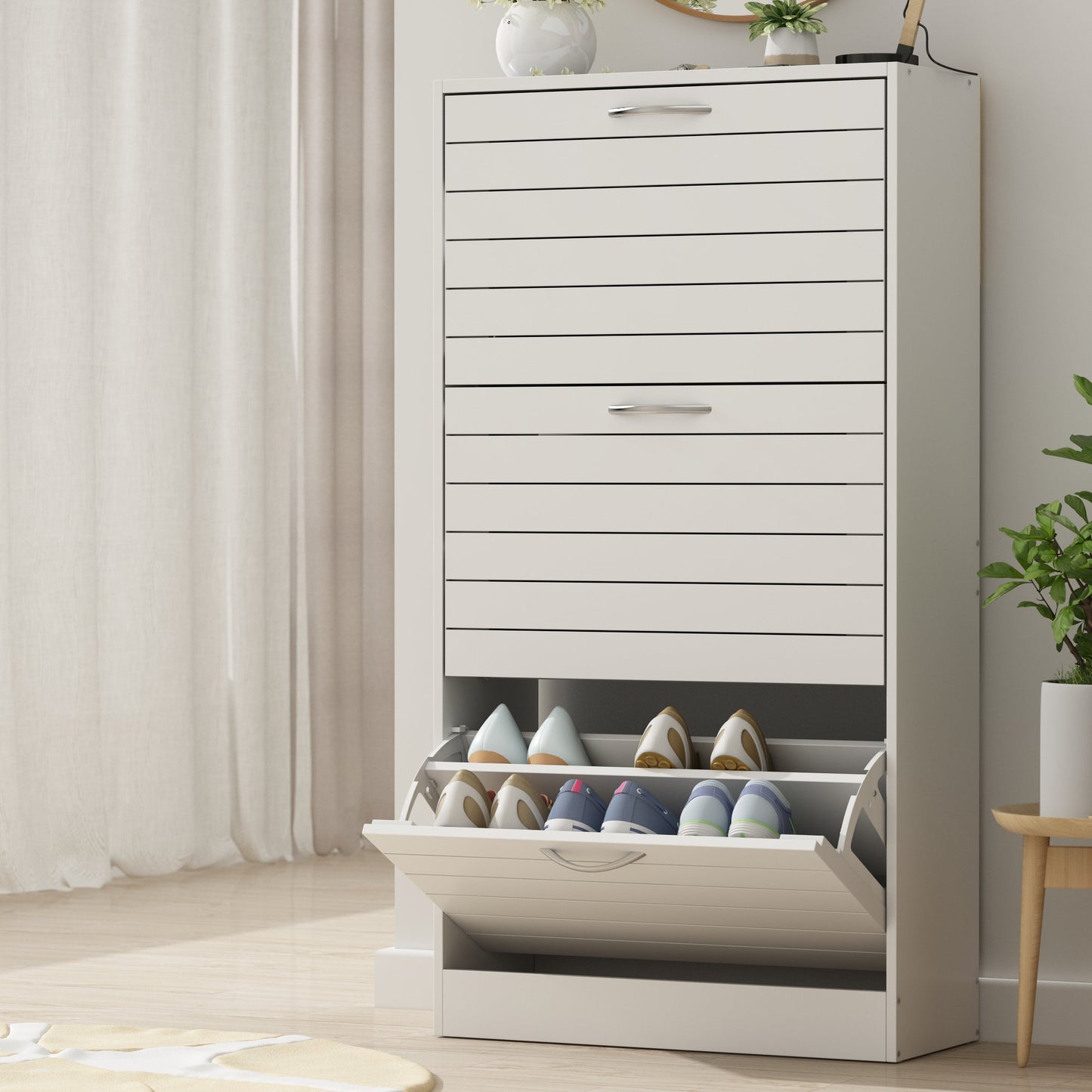 Modern 3-Tier Shoe Storage Cabinet with 3 Flip-Down Drawers & Ventilated Louver Doors - Hardwood MDF Entryway Organizer, Space-Saving Design for Hallway, Living Room, Bedroom - Easy Assembly, Large Capacity Shoe Rack, Shoe Storage Box, Hallway Organizer,