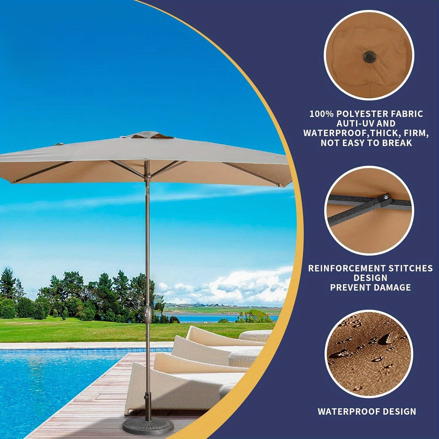 Outdoor 6.5 X 10ft Rectangular Patio Umbrella Aluminum Pole, Outdoor Table Market Umbrella with Crank, 6 Steel Ribs, Polyester Canopy