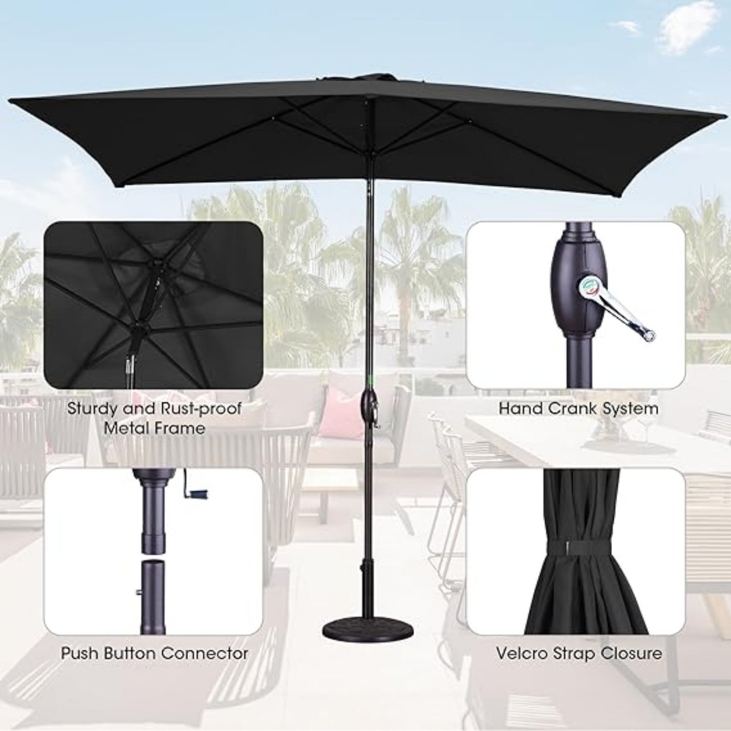 Outdoor 6.5 X 10ft Rectangular Patio Umbrella Aluminum Pole, Outdoor Table Market Umbrella with Crank, 6 Steel Ribs, Polyester Canopy