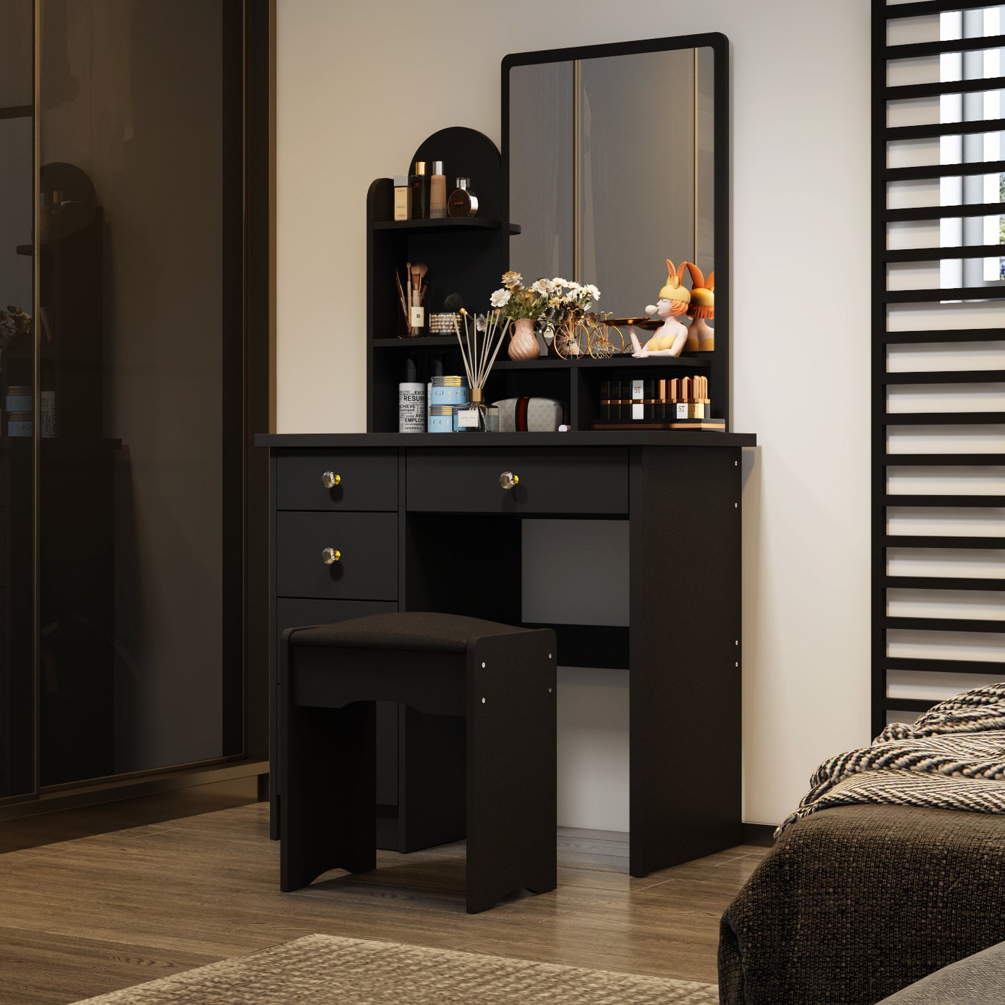 [Elegant Vanity Desk Set] Elegant Vanity Desk Set with Large Mirror, 5 Drawers And Storage Shelves, Makeup Vanity Dressing Table with Cushioned Stool, Strength And Style - 55.1" Tall, 31.5" Wide, Sturdy Design with 70 Lbs Desktop Capacity, Perfect for Mod