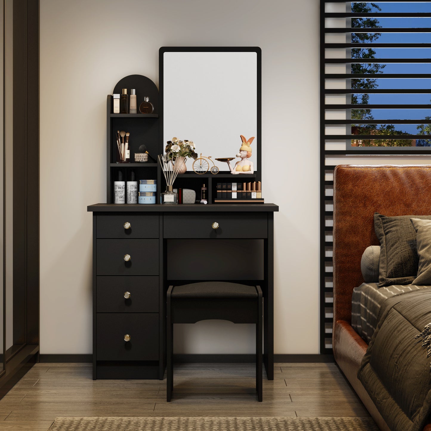 [Elegant Vanity Desk Set] Elegant Vanity Desk Set with Large Mirror, 5 Drawers And Storage Shelves, Makeup Vanity Dressing Table with Cushioned Stool, Strength And Style - 55.1" Tall, 31.5" Wide, Sturdy Design with 70 Lbs Desktop Capacity, Perfect for Mod