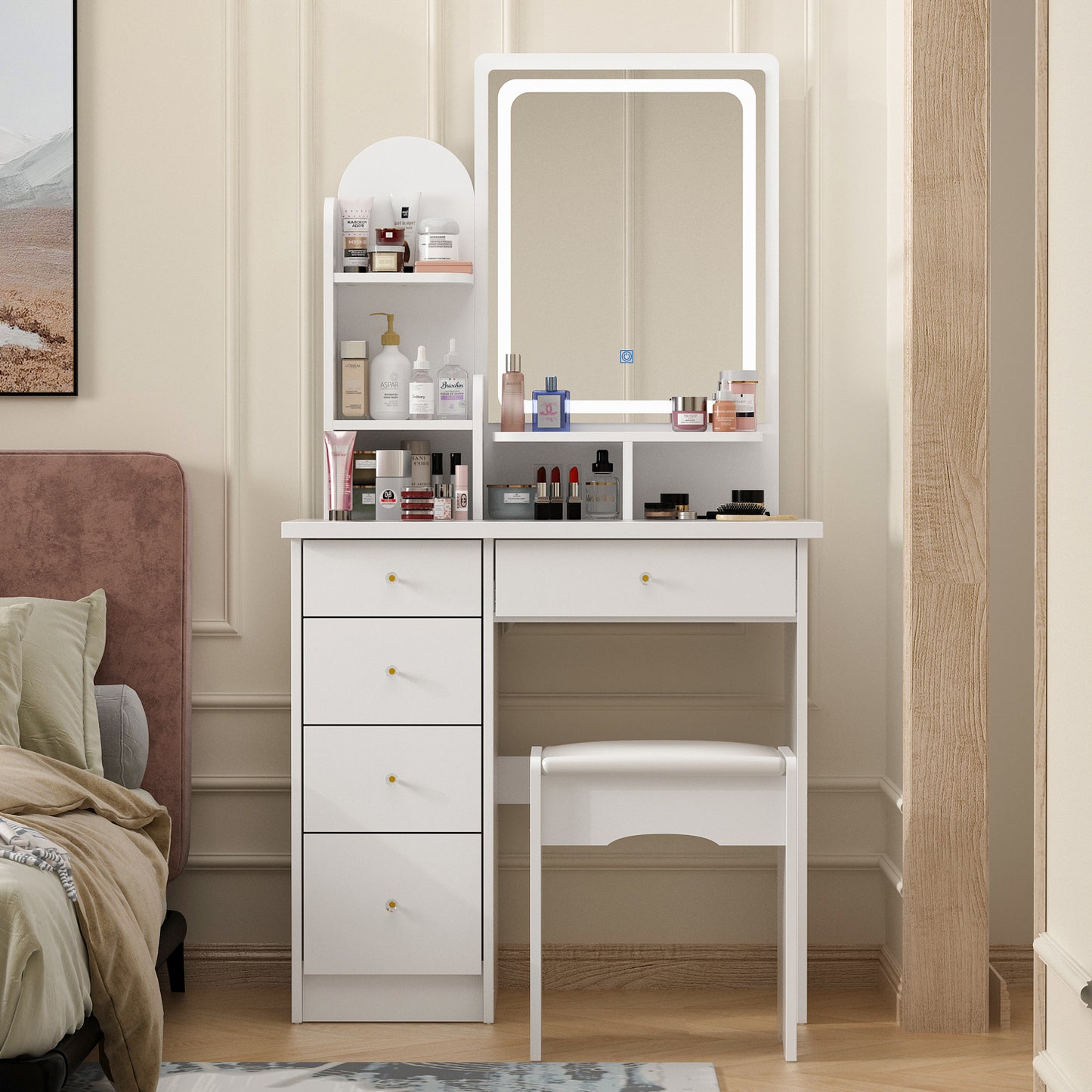 [Elegant Vanity Desk Set] Elegant Vanity Desk Set with Large Mirror, 5 Drawers And Storage Shelves, Makeup Vanity Dressing Table with Cushioned Stool, Strength And Style - 55.1" Tall, 31.5" Wide, Sturdy Design with 70 Lbs Desktop Capacity, Perfect for Mod